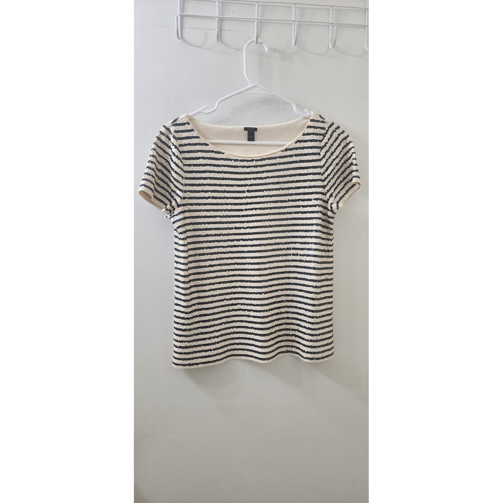 J.Crew Women Ivory‎ Black Striped Sequin Short Sleeve Cotton Top 33540 S